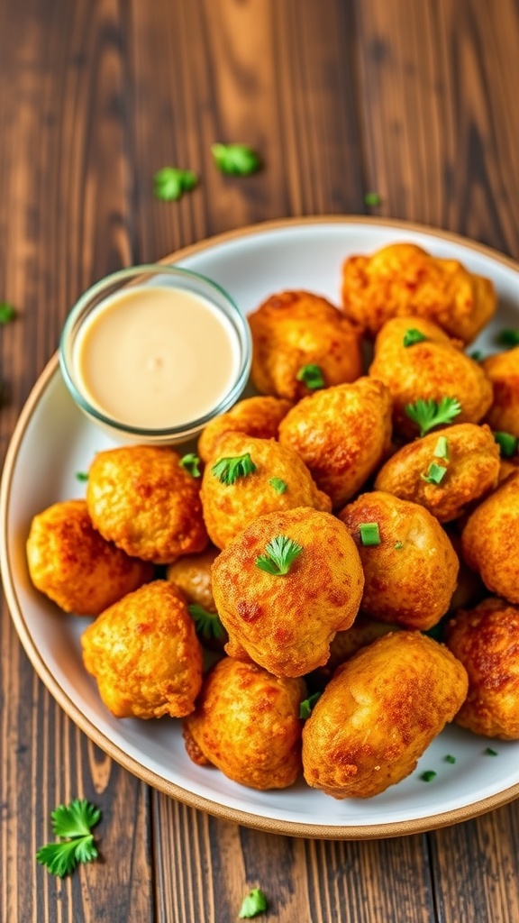 Crispy garlic chicken bites on a plate with parsley and dipping sauce.